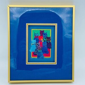 Susan Corbin Signed Framed Calico Cat Paper Collage Art - MCM Nova Scotia